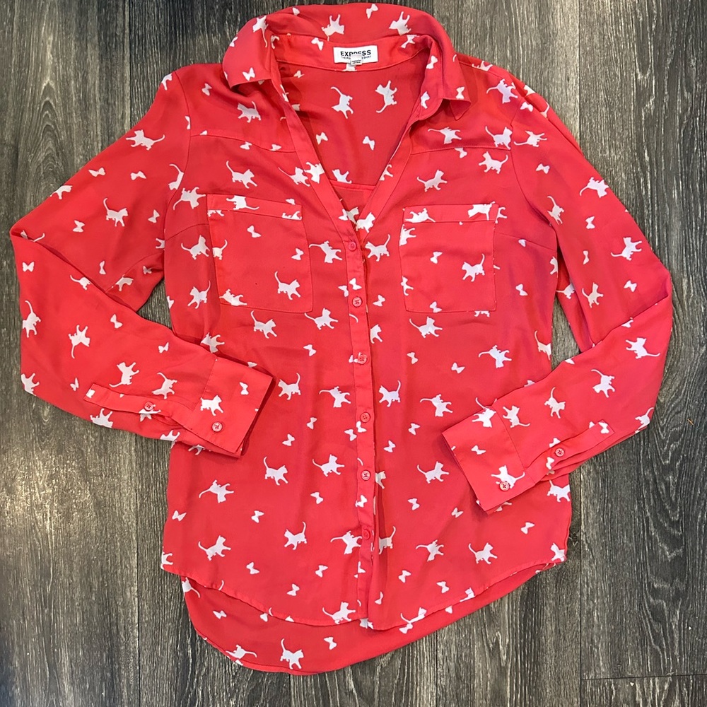 Express Small red cat print button down shirt